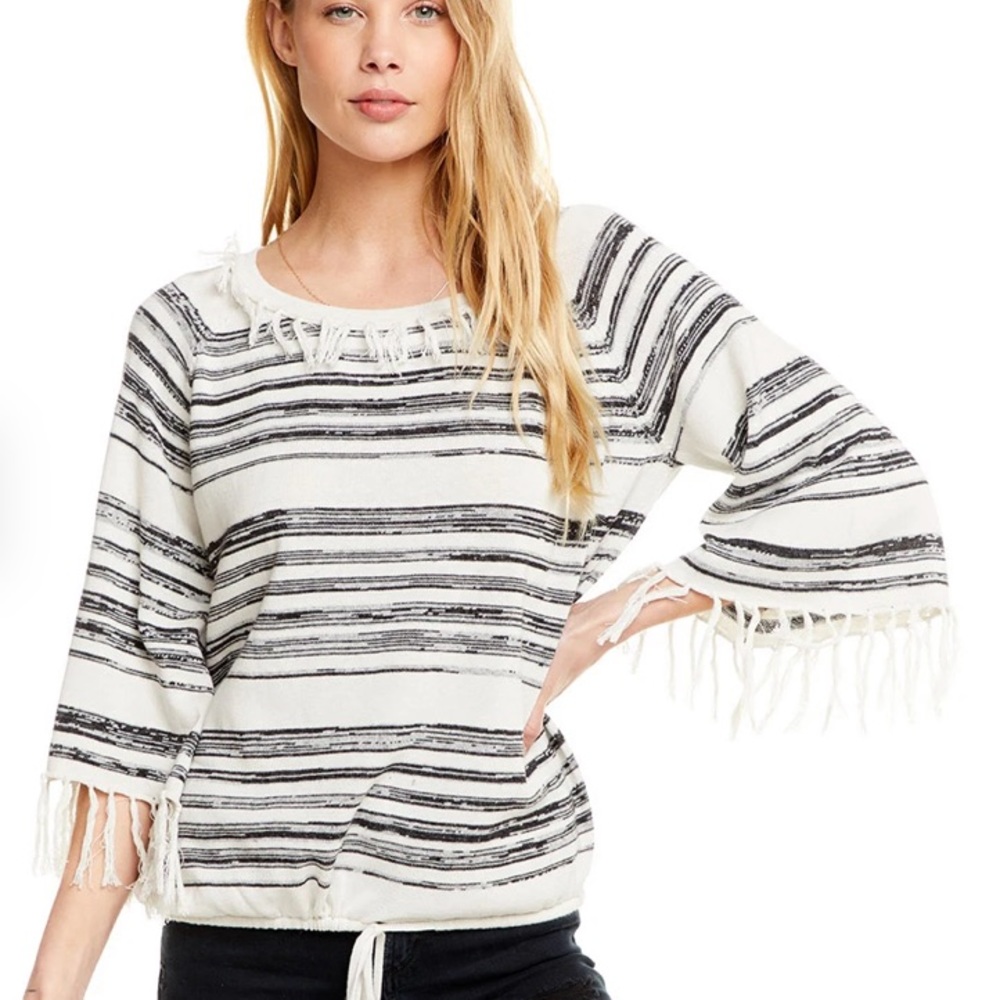 Chaser Linen Fringe Raglan Pullover Sweater Top